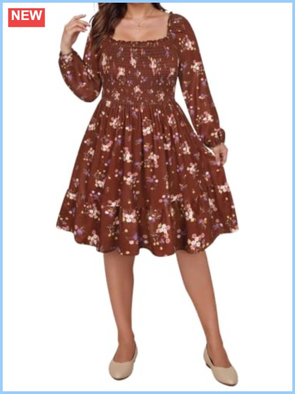 Plus Size Mini Dress Square Neck Puff Sleeve Smocked A-Line Casual